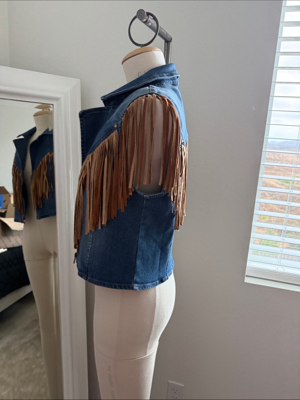 Saints & Hearts Denim Fringe Vest Jacket - Blue with Tan Fringe - Picture 2 of 6